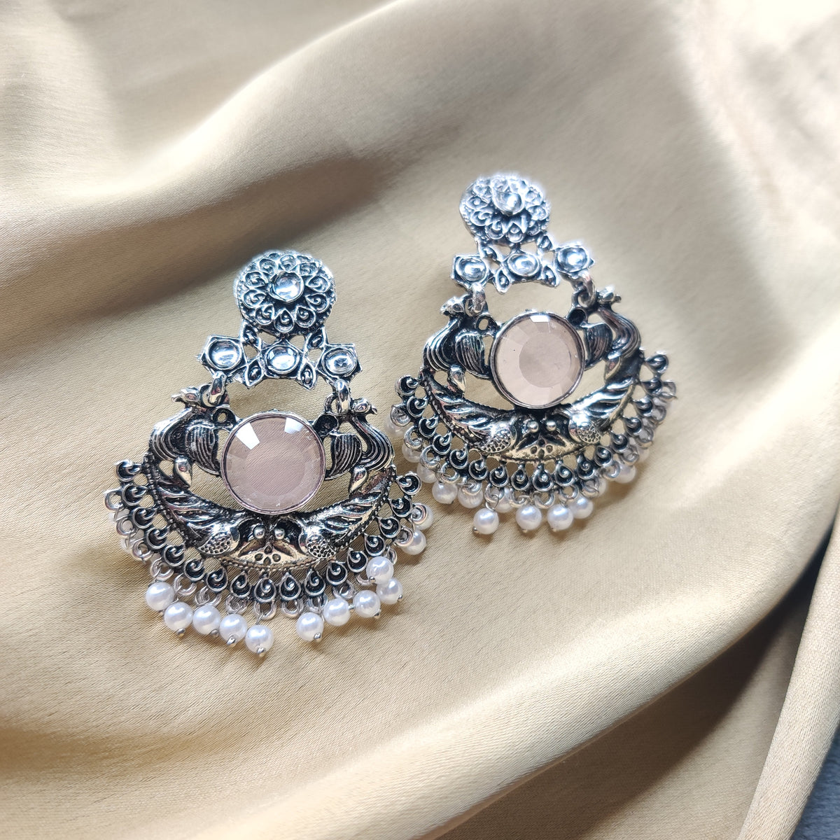 Oxidised Earrings with Pink Stone
