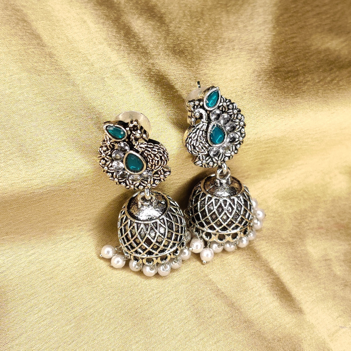 Silver Peacock Jhumka Earrings In Blue
