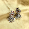 Silver Peacock Jhumka Earrings In Maroon