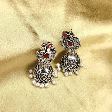 Silver Peacock Jhumka Earrings In Maroon