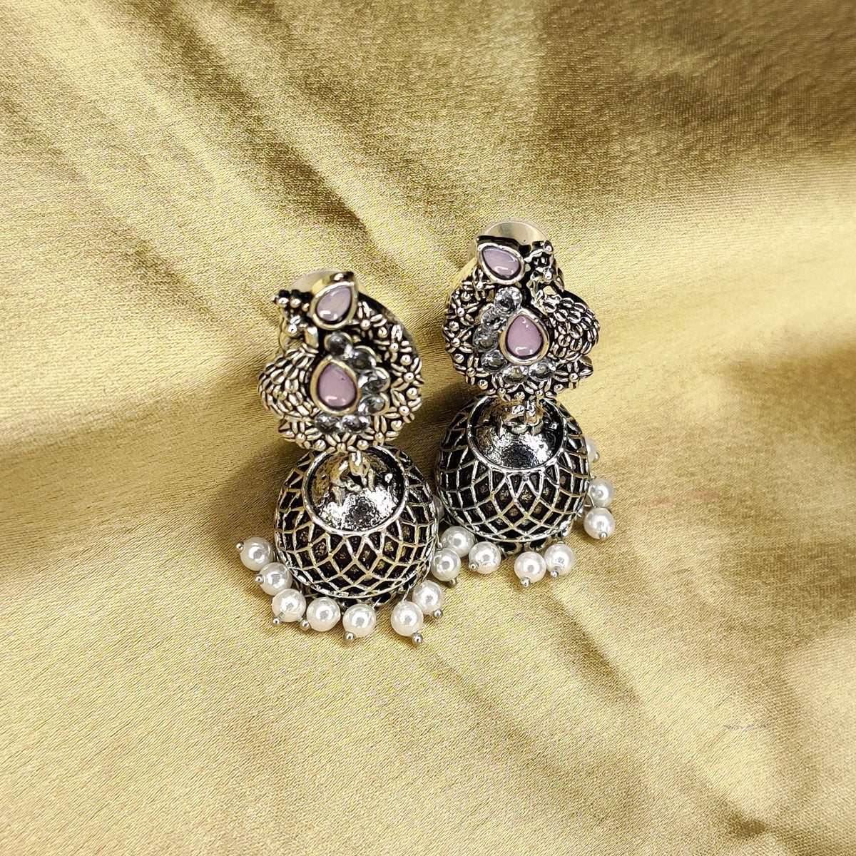 Silver Peacock Jhumka Earrings In Pink