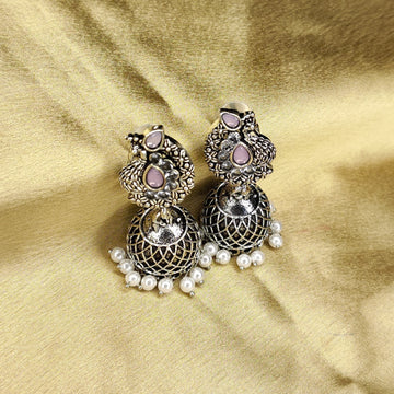 Silver Peacock Jhumka Earrings In Pink