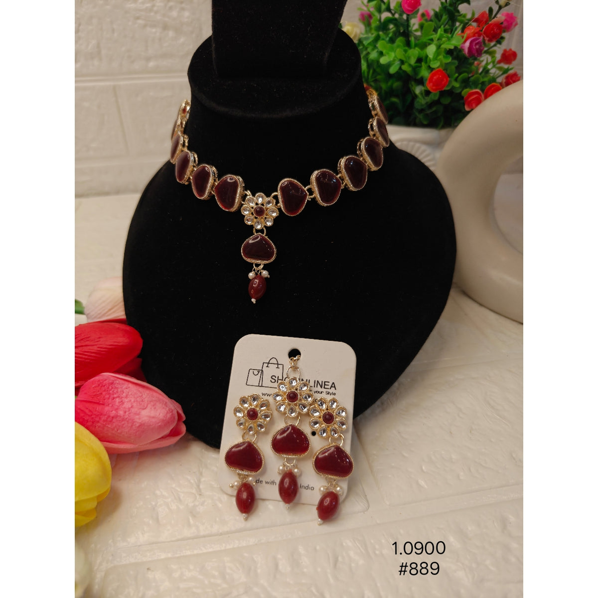 Maroon Stone Choker with Earrings