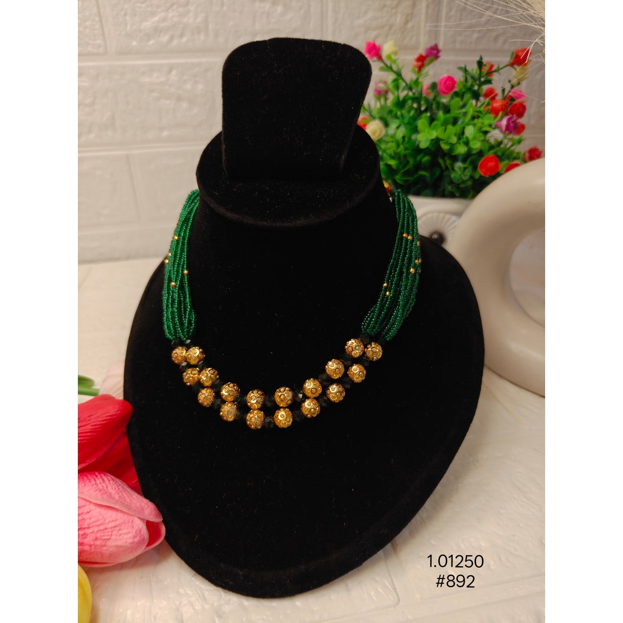 Green Necklace with Gold Beads