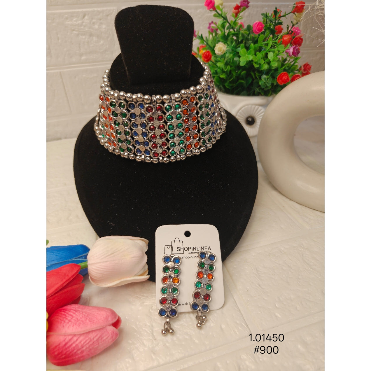 Multicolored Oxidised Silver Choker