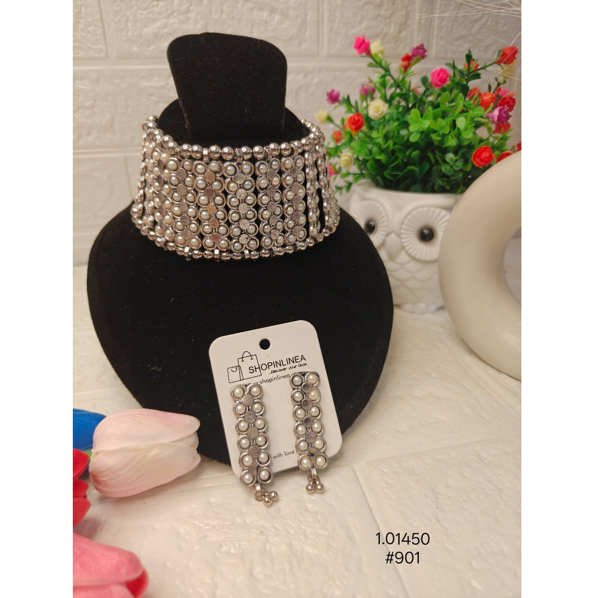 Pearl & Silver Oxidised Choker Set