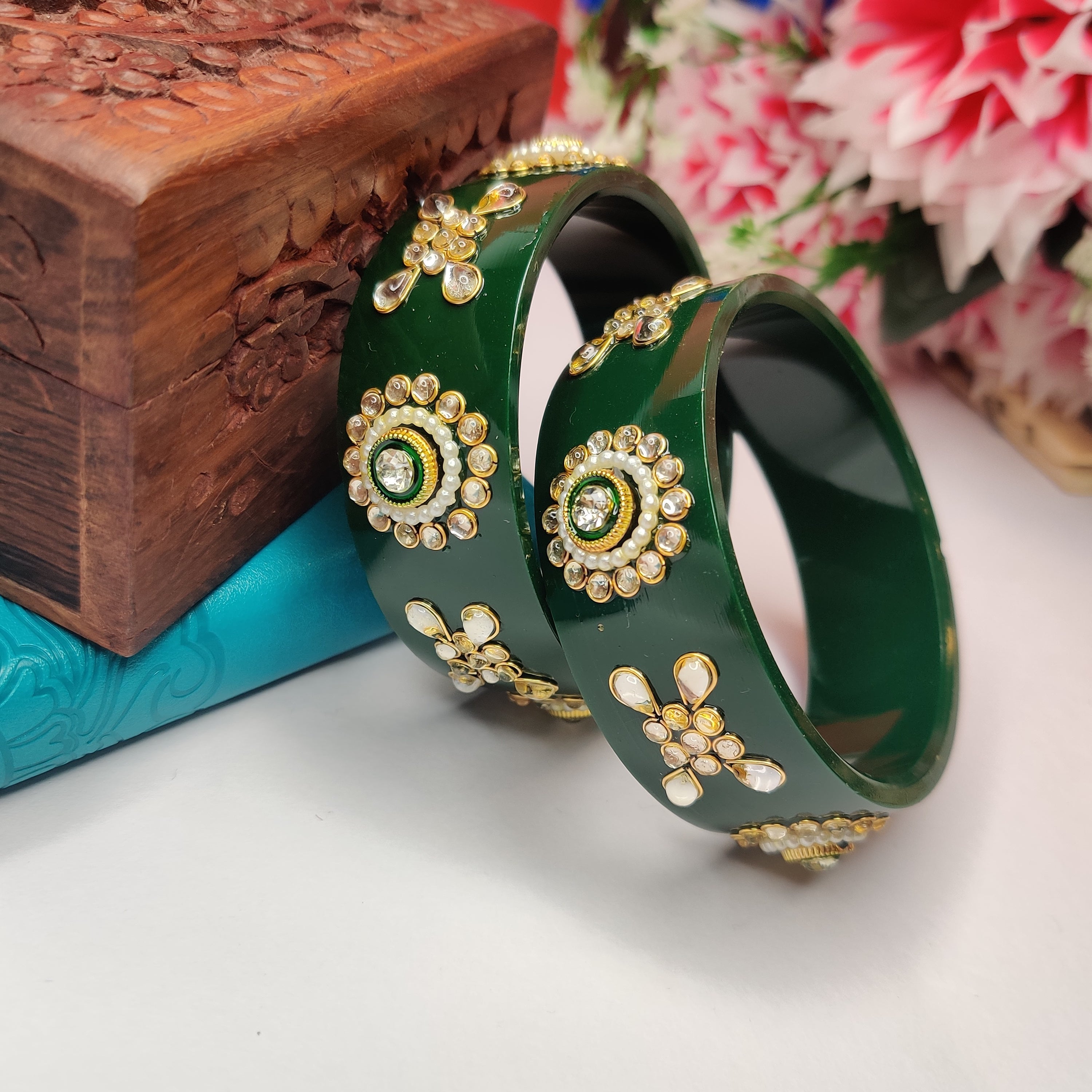 Broad Green Kundan Bangles