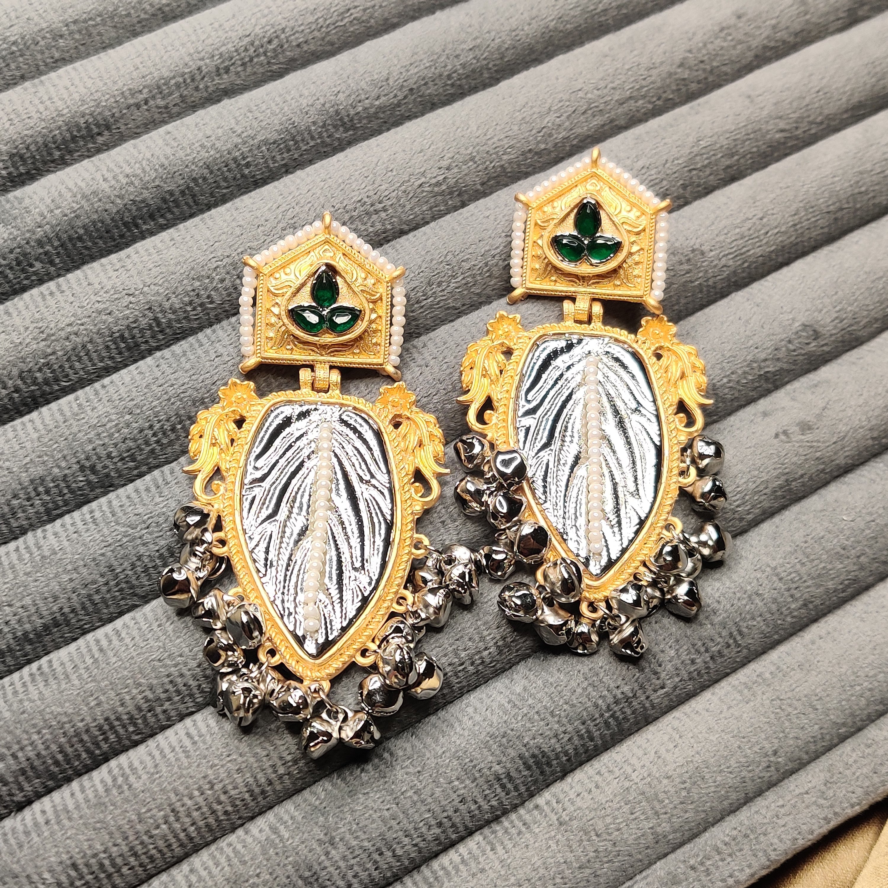 German Silver Timeless Kashmiri Earrings In Green