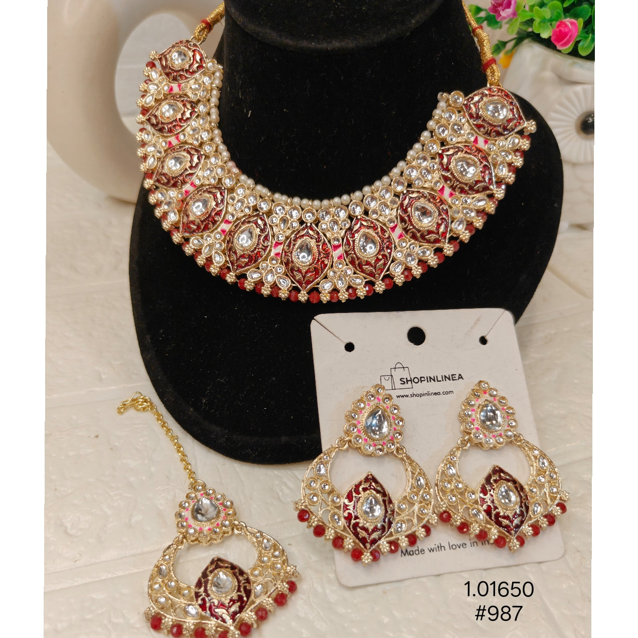 Antique Gold Meenakari Necklace Set