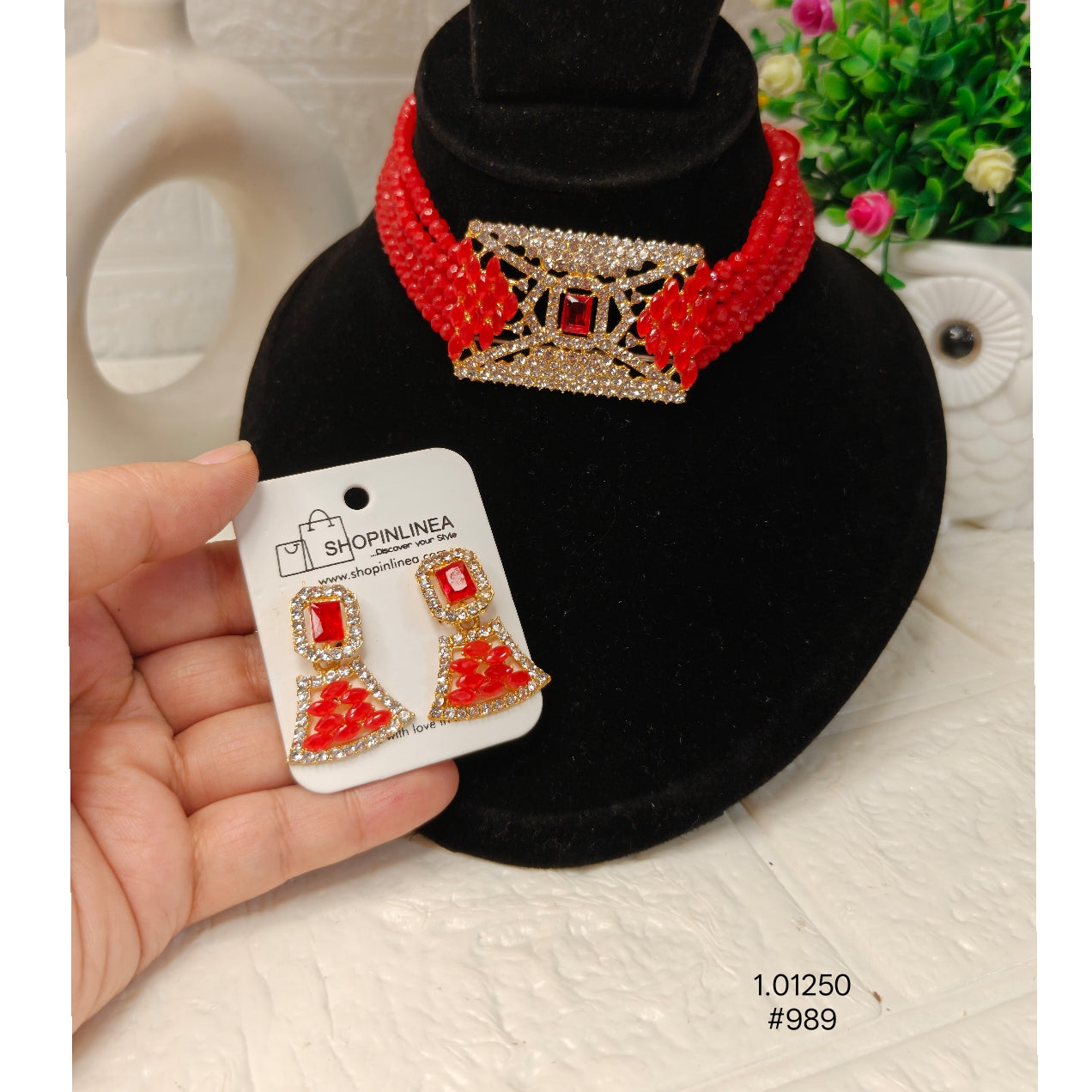 Elegant Red Stone Choker with Earrings
