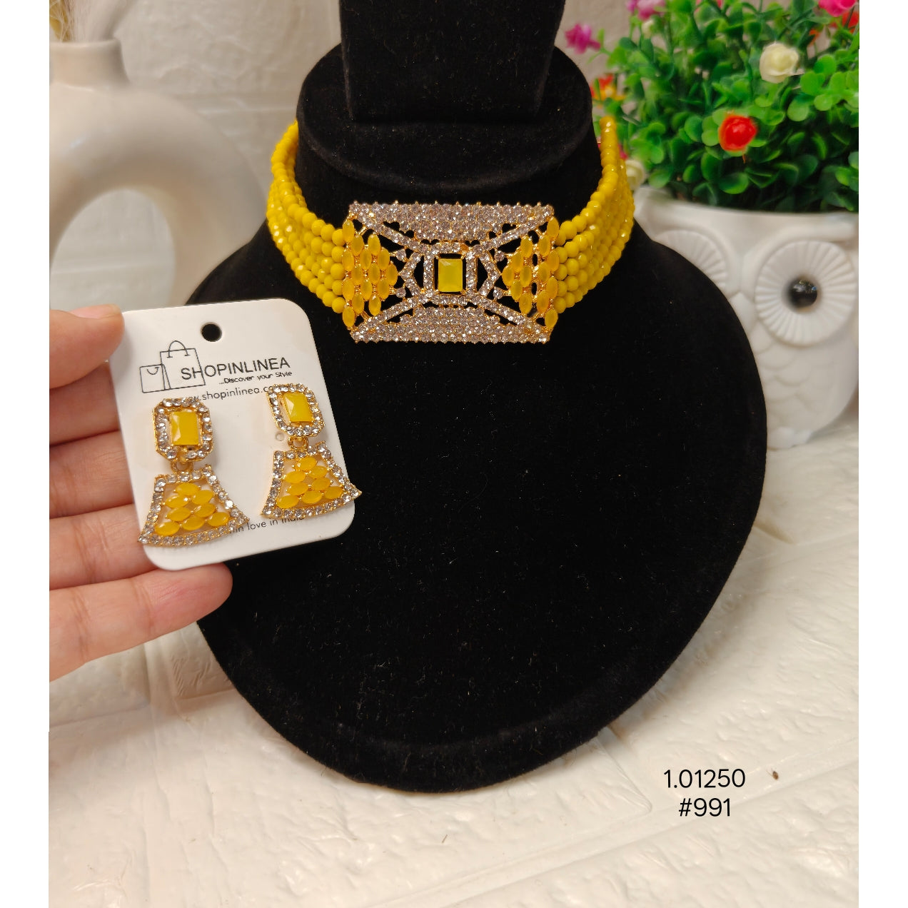 Gold Plated Yellow Stone Choker with Earrings