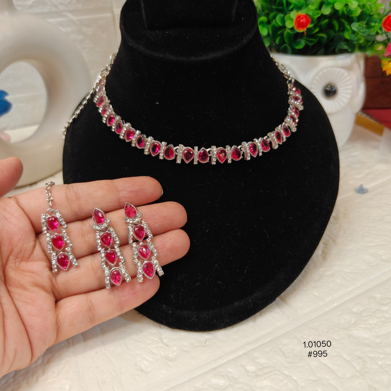 Red Stone Party Wear Necklace Set