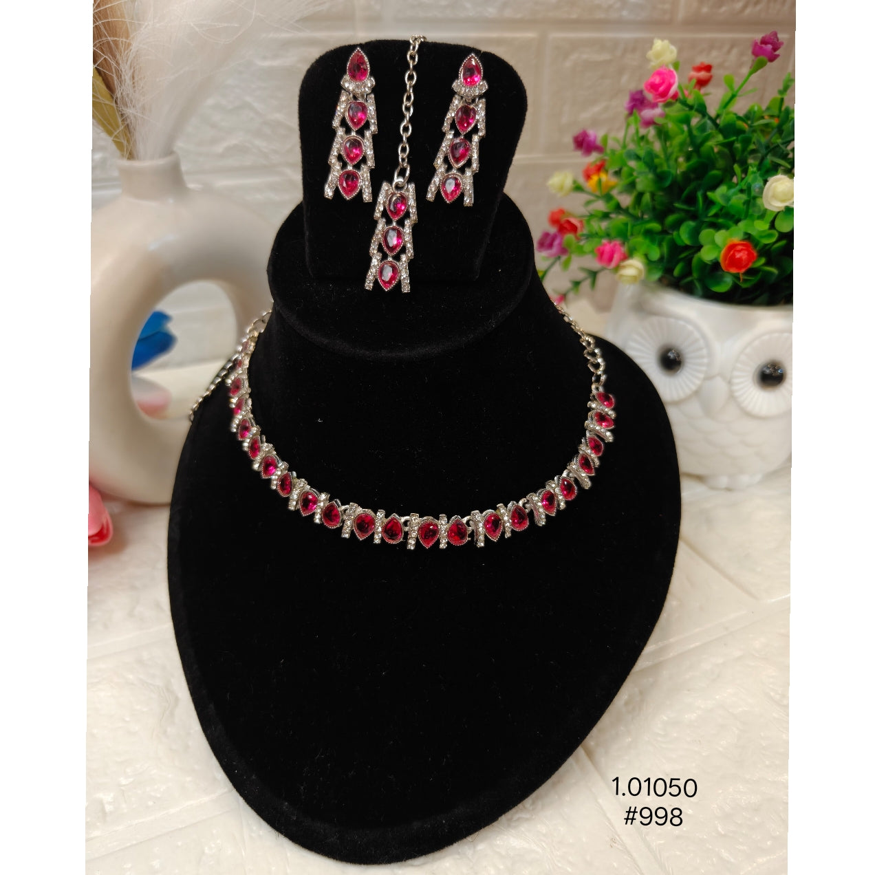 Silver Finish Ruby Stone Necklace Set